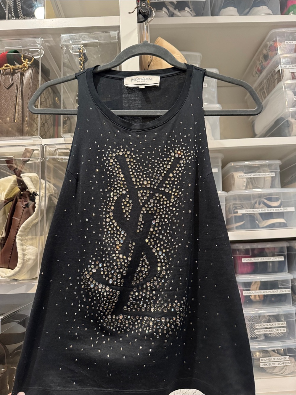 Yves Saint Laurent Black Crystal Logo Tank Top